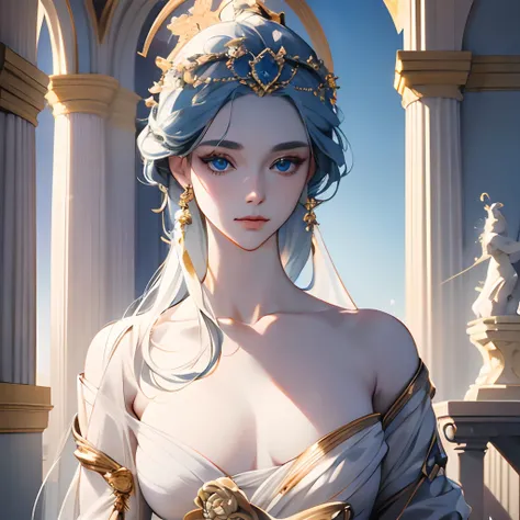 Marble statue of the goddess of the moon, silber hair, sky-blue eyes, A detailed eye, A detailed face, Wearing white clothing, Gold trinkets, Feminine body, Focus on the face, spot light, Detailed shading, highcontrast, ​masterpiece, top-quality, Top image...