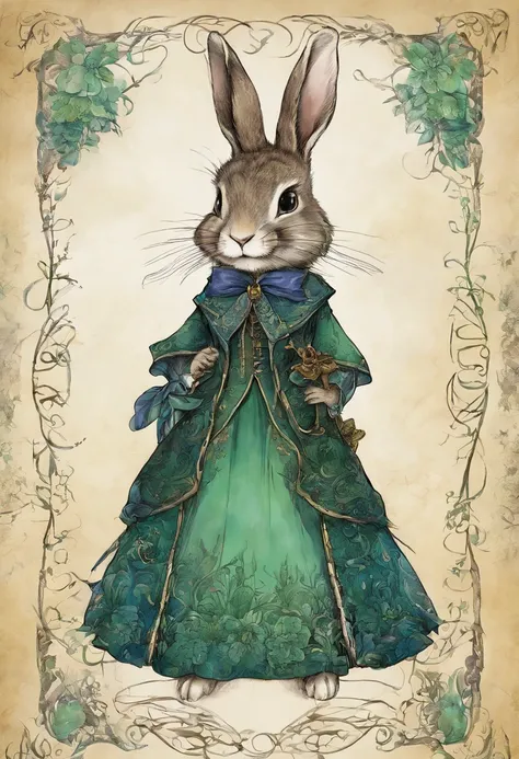 comiс style, painted in vivid watercolor, Bipedal rabbit, Roupas fofas, olhos verdes, branco, cinza, azul. amarelo, extremamente detalhado, altamente detalhado, obra prima, Fundo do conto de fadas, Wonderland, dynamic colours, Luz de conto de fadas, Direct...