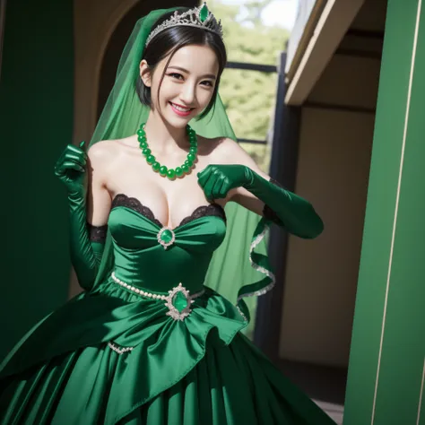 emerald tiara, Green Pearl Necklace, Boyish very short black hair, lipsticks, Japan woman smiling, very short short hair, big breasts beautiful, Green eyes, Long green gloves made of satin material, Green eyes