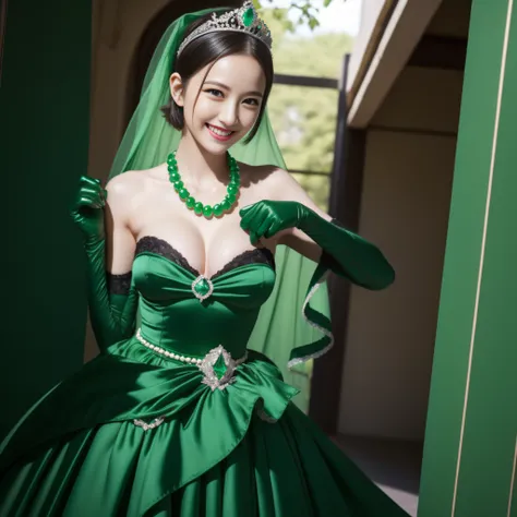 emerald tiara, Green Pearl Necklace, Boyish very short black hair, lipsticks, Japan woman smiling, very short short hair, big breasts beautiful, Green eyes, Long green gloves made of satin material, Green eyes