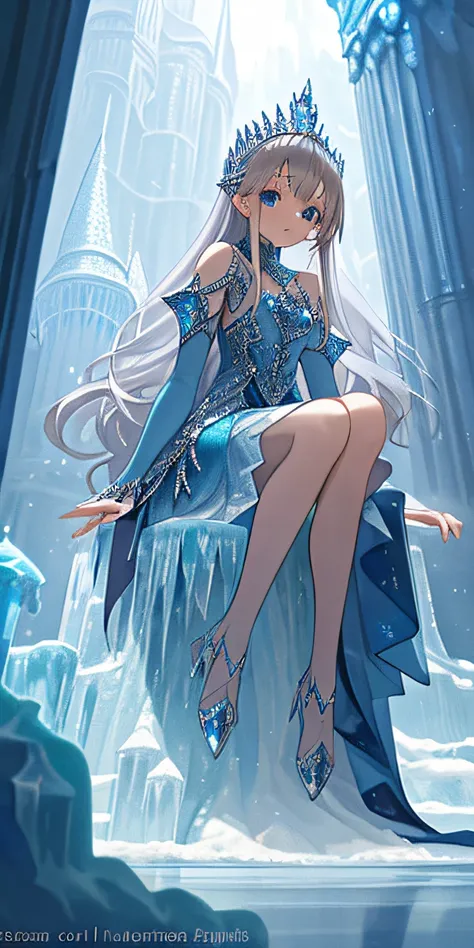 (masterpiece, best quality) 1 girl ,silver hair,blue eyes, silver and blue dress, sitting in a ice castle