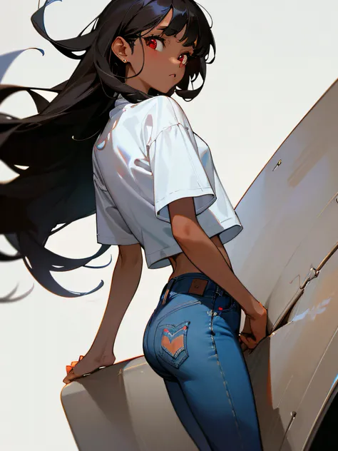 1girl, dark brown skin, long black hair, red eyes, wearing plain white shirt, denim jeans, white drop, absurdres, high res, ultrasharp, 8K, masterpiece, looking at viewer