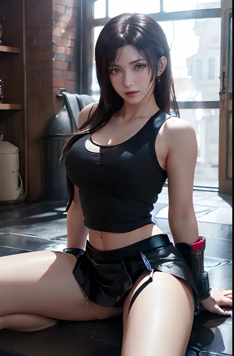 (NSFW),High quality, (highdetailskin:1.4), Photography, path tracing, Specular lighting, Volumetric face light, Visible shadows, Convoluted, Elaborate, one girls, (( Final Fantasy 7R,Tifa Lockhart)), cabelos preto e longos, 爆乳, the perfect body, a black sk...