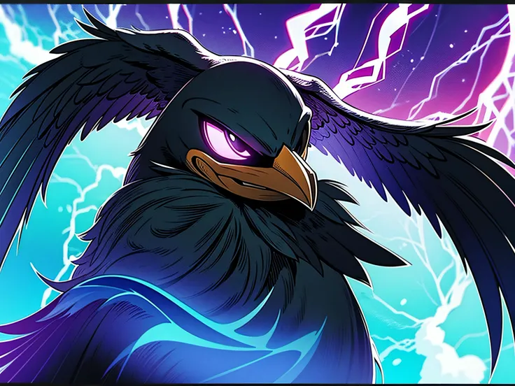 a black crow with purple lightning