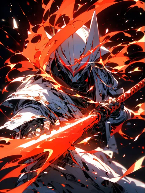 Super realistic, hyper realistic, super detailed, (cybersamurai, 1boy, ((solo)), holding red weapon, wearing white armor and mask, cape, glowing beautiful red eyes, glow:1.3) (glowing simple black background:1.25),