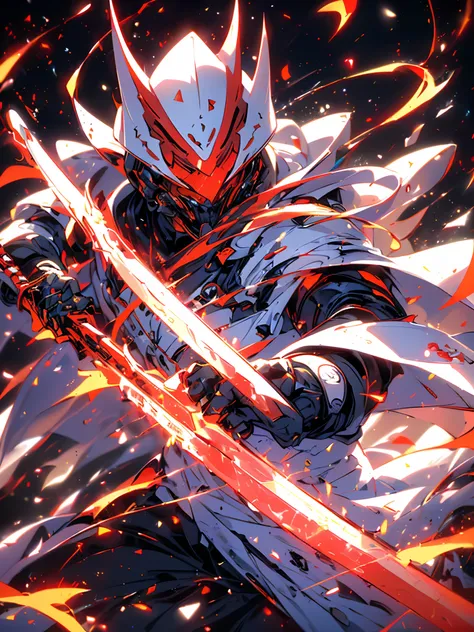 Super realistic, hyper realistic, super detailed, (cybersamurai, 1boy, ((solo)), ((attacking with red sword)) , wearing white armor and mask, cape, glowing beautiful red eyes, glow:1.3) (glowing simple black background:1.25),