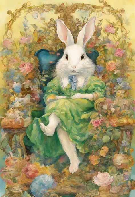 comiс style, painted in vivid watercolor, Bipedal rabbit, Roupas fofas, olhos verdes, branco, cinza, azul. amarelo, em uma toca, smelling a sofa, sniffing a couch, extremamente detalhado, altamente detalhado, obra prima, Fundo do conto de fadas, Wonderland...