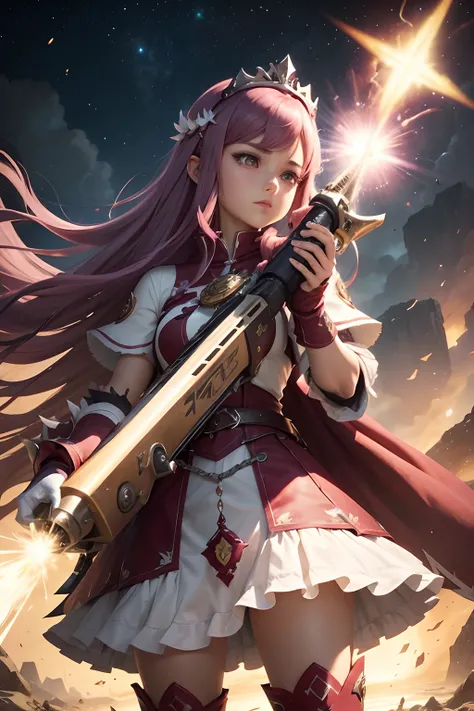 long untied hair, tiara, maroon hair, holding a heavy bowgun, monster hunter girl, red tie, a close up of a person in a dress and boots, trending on pxiv, white gloves, white socks, female outfit, final fantasy 14 style, jrpg fashion, fashionable rpg cloth...