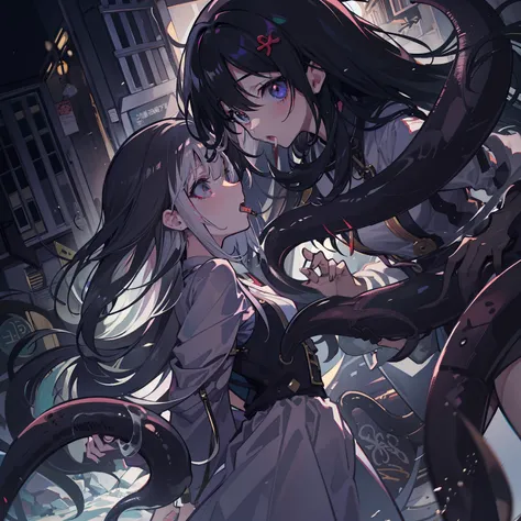 Late at night in the alley，A tentacle sticks out from the black-haired girls body。Tie a white-haired girl to a black-haired girl。The black-haired girl began to frantically gnaw the white-haired girls body。"What delicious prey"The dark-haired girl said。。。