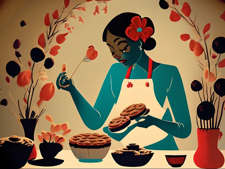 Lotte Reinige Style, a woman baking cookies, oven colorful