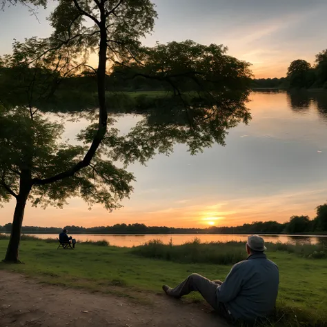 A man on the bank of the river looks at the sunset