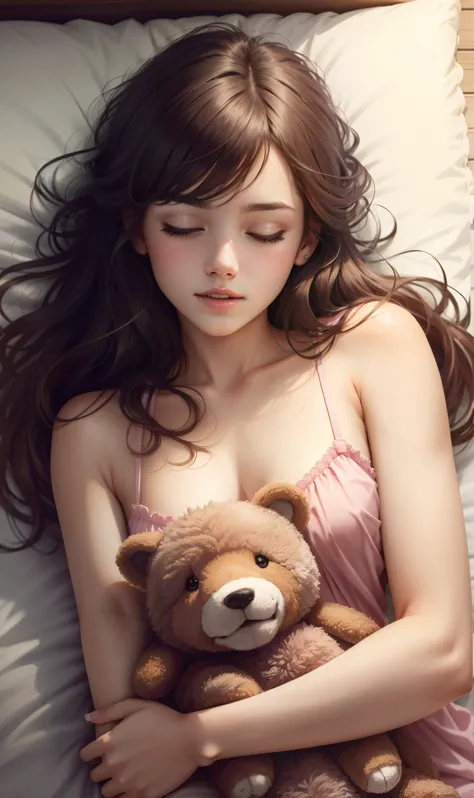 Sleeping Girl, 20 years old, Realistic,barechested, Expressions of satisfaction and relief, Brown hair. Pink bed theme and some cute stuffed animals on the bed,An ultra-high picture quality,high-detail,