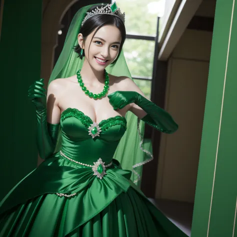 emerald tiara, Green Pearl Necklace, Boyish very short black hair, lipsticks, Japan woman smiling, very short short hair, big breasts beautiful, Green eyes, Long green gloves made of satin material, Green eyes