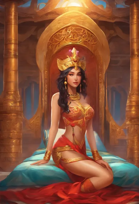 masterpiece, detailed, 1girl, sexy, beautiful, fair skin, long black hair, asian, egyptian bikini, queen, red lips, showing armpits, palace, on the bed, egyptian themed, large breasts, hot, day, sunny,