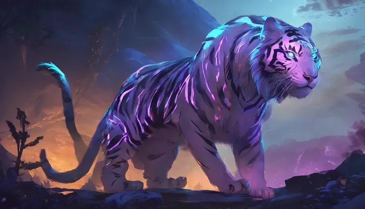 Fantasy World Saber-toothed Tiger，Emits blue-violet light，Glow effects，the night，中景 the scene is，Full body like， highly detailed surreal vfx，oc rendered，Shoot with 70 mm - AR