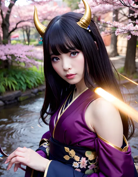 ((World of Darkness)),Professional , ​masterpiece、top-quality、photos realistic , depth of fields 、（Maikos hairstyle）、(Background of cherry blossoms in full bloom),（Ultimate Beauty）、A dark-haired、（Fight ninjas)、（Kimono with beautiful pattern）、（Night backgro...