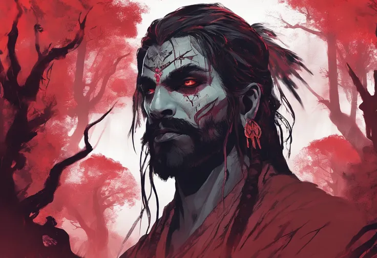 Aghoris gentle and calm face, left in this picture, dark red forest, realistic background