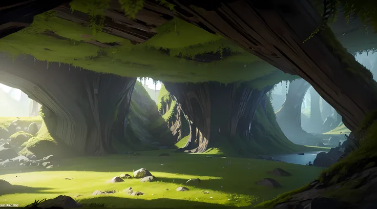 Harsh light, intense contrast, A cave with an open ceiling，Cast sunlight on green moss and ferns,  And an open one( seaview:1.1) at the bottom, Cell shading rendering, 4K,  360 degree, equirectangular,