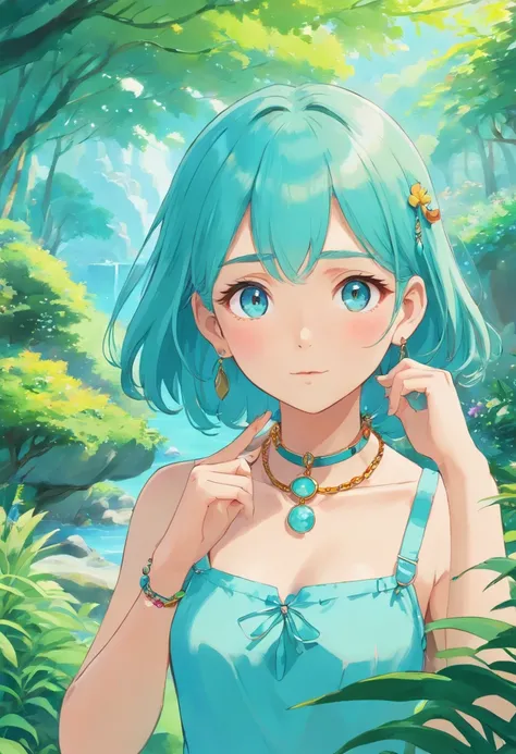 Girl in an anime collar, Long necklaces and earrings, In the style of a tranquil garden landscape, colorful animation stills, aquamarine, paul gauguin, Embry style, Honest portrayal、A slender、The bikini、15 year old beautiful girl