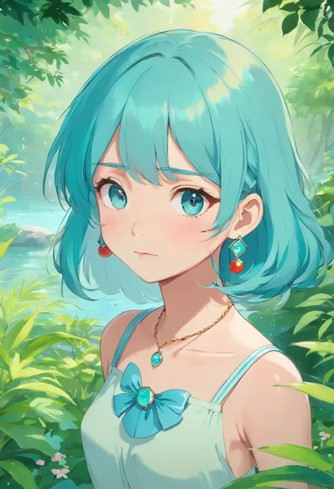 Girl in an anime collar, Long necklaces and earrings, In the style of a tranquil garden landscape, colorful animation stills, aquamarine, paul gauguin, Embry style, Honest portrayal、A slender、The bikini、15 year old beautiful girl