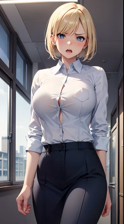 Girl short blond hair, blue eyes, white shirt with all buttons closed office, bige breast, big tits, school uniform, angry expression, open mouth, standing, classroom background, arrogant, facing the camera