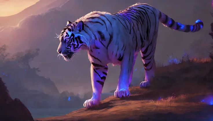 Fantasy World Saber-toothed Tiger，Emits blue-violet light，Glow effects，the night，中景 the scene is，Full body like， highly detailed surreal vfx，oc rendered，Shoot with 70 mm - AR