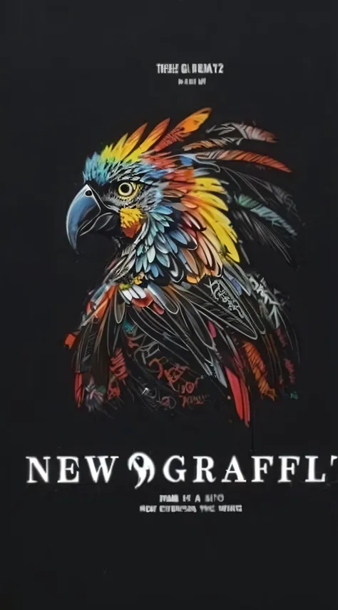 A black shirt，There is a colorful bird on it, Graffiti lovers, scribbles, Grafitti, Grafiti paint, in graffiti style, scribbles, Graffiti art style, Graffiti painting, New Age album cover, graffiti paint, Grafitti art, Graffiti style, new release, scribble...