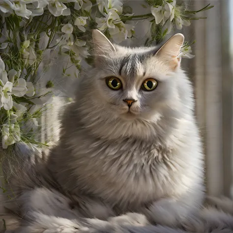 Florist windows, （British Shorthair 1.3）, Look outside, Arrange the pots, and the sun was shining brightly, the detail， 4K， k hd， high high quality.Mimosas are planted in pots，A variety of colorful flowers，（Super intricate details1.3）（Exquisite and realist...