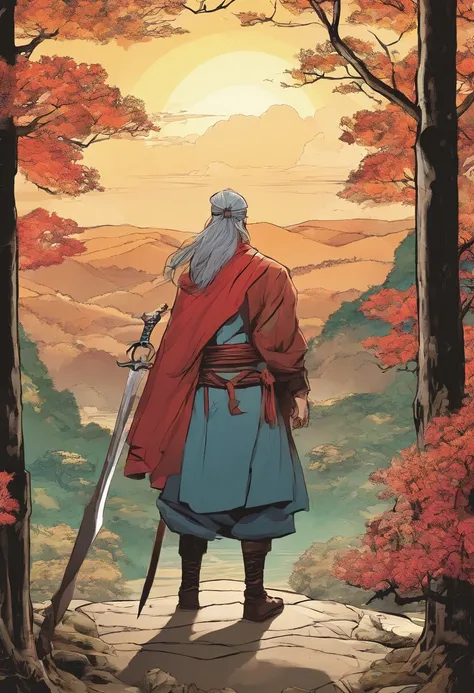 Manhwa comic,Korean comic style,Man standing in trees,grap a sword, speaking,Afternoon sky,Fantasy world