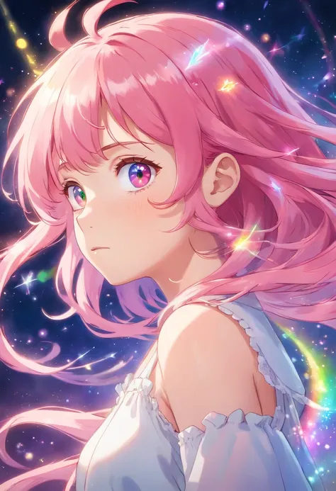 With pink hair and rainbow eyes,beautiful as a fairy,A melancholy expression that stirs affection,side face,floating hair,light particles,glare,vivid,fancy,dreamlike,a dim atomshpere,