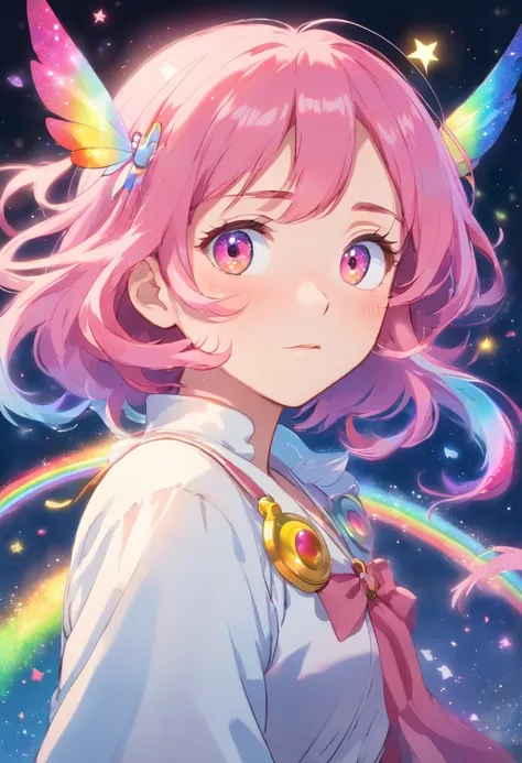 With pink hair and rainbow eyes,beautiful as a fairy,A melancholy expression that stirs affection,side face,floating hair,light particles,glare,vivid,fancy,dreamlike,a dim atomshpere,