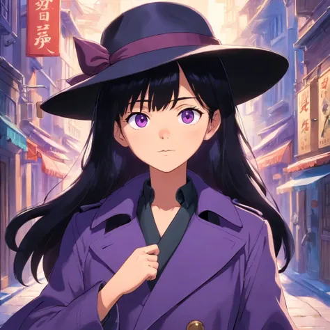 1girl, solo, black hair, purple eyes, wearing a fedora, wearing black trench coat