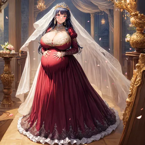 (masterpiece, best quality,extremely detailed:1.1),(moe anime art style:1.2),1girl,((full body,focus face)),((solo)), cute, kawaii,digital art,((1 bling-bling pregnant princess wearing beautiful embroidery and jeweled gorgeous ballgown with jeweled volumin...