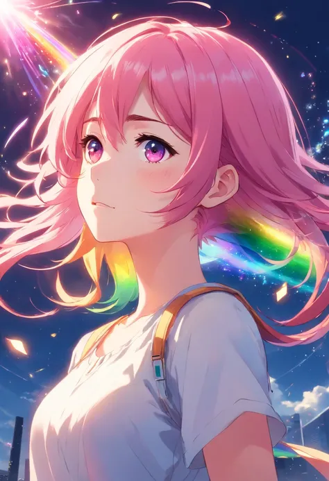 With pink hair and rainbow eyes,beautiful as a fairy,A melancholy expression that stirs affection,side face,floating hair,light particles,glare,vivid,fancy,dreamlike,a dim atomshpere,