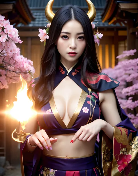 ((World of Darkness)),Professional , ​masterpiece、top-quality、photos realistic , depth of fields 、（Maikos hairstyle）、(Background of cherry blossoms in full bloom),（Ultimate Beauty）、A dark-haired、（Fight ninjas)、（Kimono with beautiful pattern）、（Night backgro...