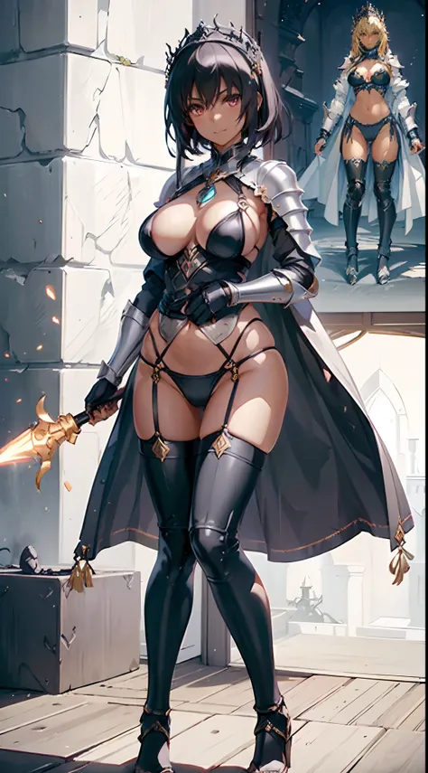 ((slanted eye)),(A MILF),(((maturefemale,adult  woman))),Solo,masutepiece, top-quality, ultra-definition, max resolution, A highly detailed,((((Dark skin)))), Extremely sexy,Large breasts,blush,high legs,thong,armor girl, bikini armor female knight, Bikini...