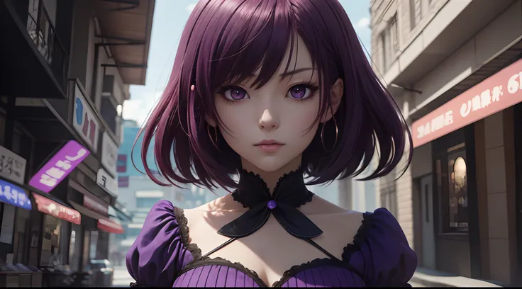 An 8k digital anime masterpiece features an extremely detailed and mean woman in a surreal purple dress.