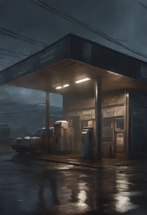 Gloomy night，Heavy downpours poured down，The protagonist discovers an isolated gas station，The low light illuminates the surroundings。Completely realistic,  Full high resolution, Well made，detail-rich