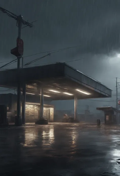 Gloomy night，Heavy downpours poured down，The protagonist discovers an isolated gas station，The low light illuminates the surroundings。Completely realistic,  Full high resolution, Well made，detail-rich