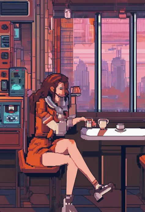 Future,SCI fi,Retro clasic,girl Sitting in a cafe and drinking coffee,4k wallpaper,