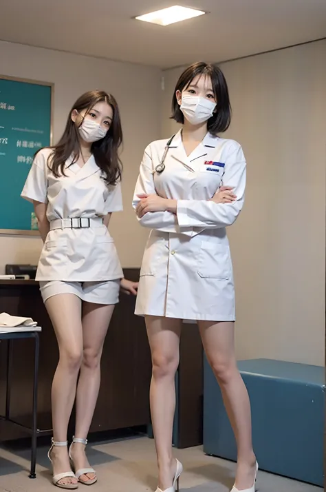 Woman in white frosted suit wearing mask, wearing white nurse uniform, healthcare worker, Wear a nurses uniform in the hospital, Smooth clothing，detailed outfits:1.5，Sit tight,（（（Stand in the waiting room, Stand dignified））），Portrait of a nurse, Beautiful ...