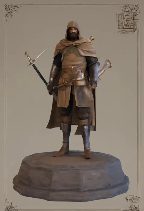 Busto de homem，usando roupa de assasinoo medieval,assasino medieval,segurando um arco curvo,arco e flecha,arqueiro medieval,feito de resina,modelagem 3d,homem jovem,aljava com flechas nas costa