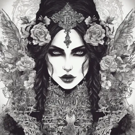 corpo inteiro, fearsome and formidable, Young Wild Gothic Girl Empowered. Anthropomorphic, Beatiful Horror - Looking Fully Tattooed Gothic Girl Holding Gothic Flower