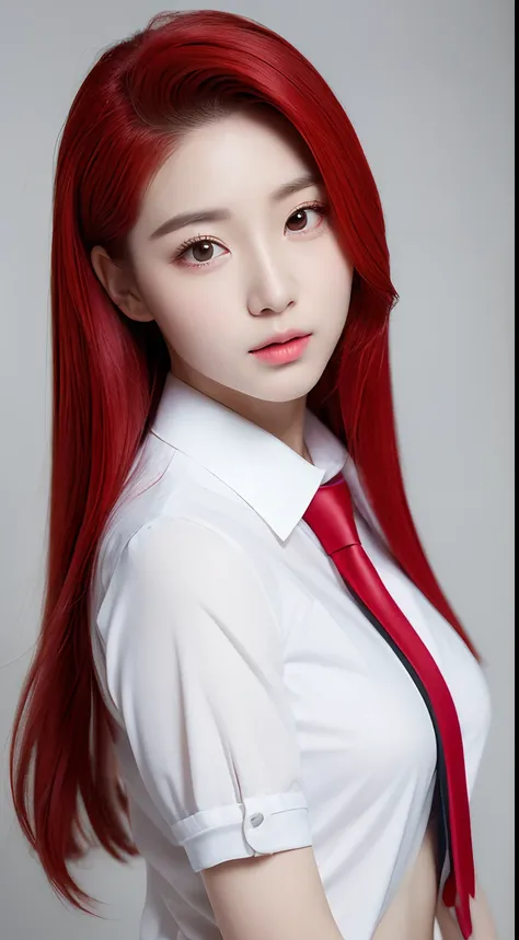 realistic photos of 1 cute Korean star, red hair pulled back, white skin, thin makeup, 32 inch breasts size, wearing waist tie shirt,  in the class,upper body portrait, UHD