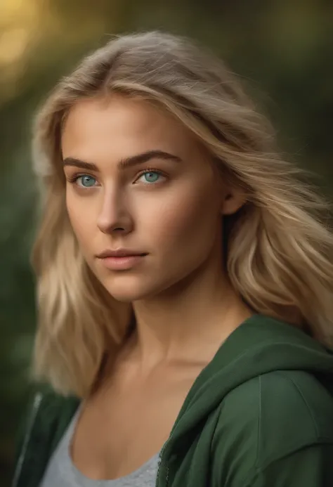 A captivating photograph portraying a 20 year old girl with shoulder-length blonde hair and mesmerizing green eyes. The image, crafted with a keen sense of realism by Greg Rutkowski, showcases intricate details in stunning 8K resolution. in sportswear