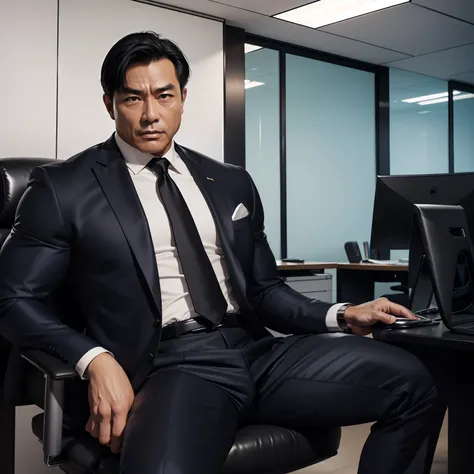 50 years old,daddy,shiny suit sit down,k hd,in the office,muscle, gay ,black hair,asia face,masculine,strong man,boss sitting er...