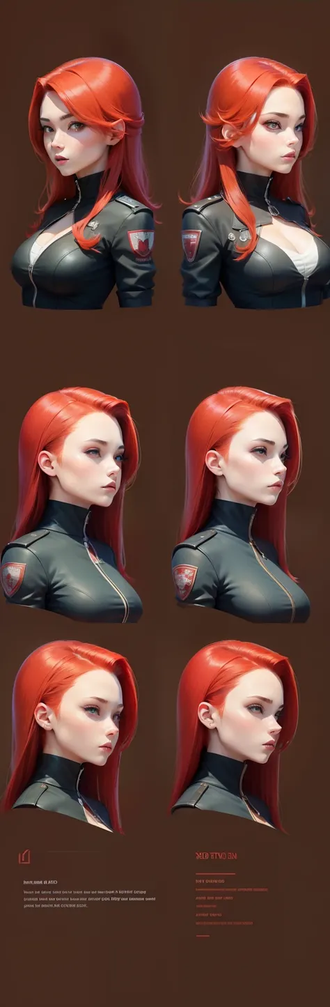 Red hair,Red surrealism, shadowing, character sheets, reference sheet, tachi-e, multiple views, cut-in, three sided view, 8K, Super detail, 1080p, HD, 4K, 8K, 16k, A high resolution, Best quality, High quality, Anatomically correct, Masterpiece, ccurate, h...