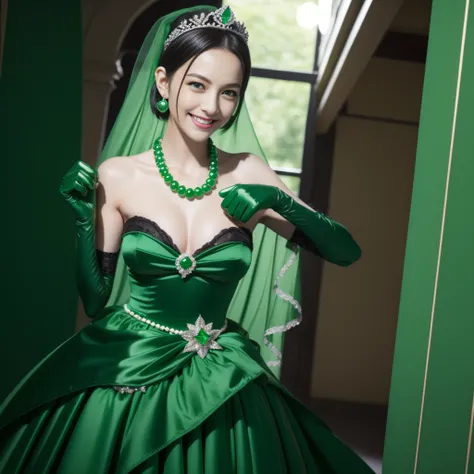 emerald tiara, Green Pearl Necklace, Boyish very short black hair, lipsticks, Japan woman smiling, very short short hair, big breasts beautiful, Green eyes, Long green gloves made of satin material, Green eyes