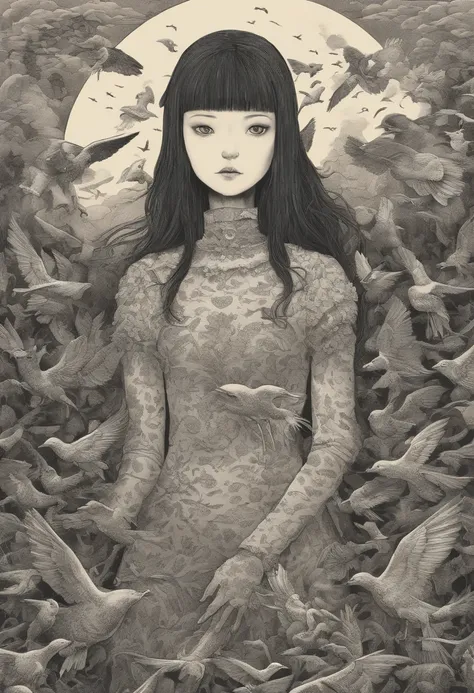 arafed image of a girl standing in front of dead bodys and birds flying around, gigantic breasts, horror manga, junji ito artwork, ito junji art, subtle junji ito, junji ito style, art style of junji ito, pixivs and junji ito, junji ito undertones, junji i...