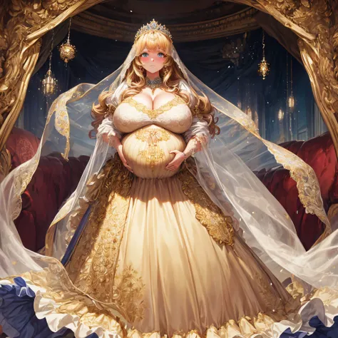 (masterpiece, best quality,extremely detailed:1.1),(moe anime art style:1.2),1girl,((full body,focus face)),((solo)), cute, kawaii,digital art,((1 bling-bling pregnant princess wearing beautiful embroidery and jeweled gorgeous rococo ballgown with jeweled ...